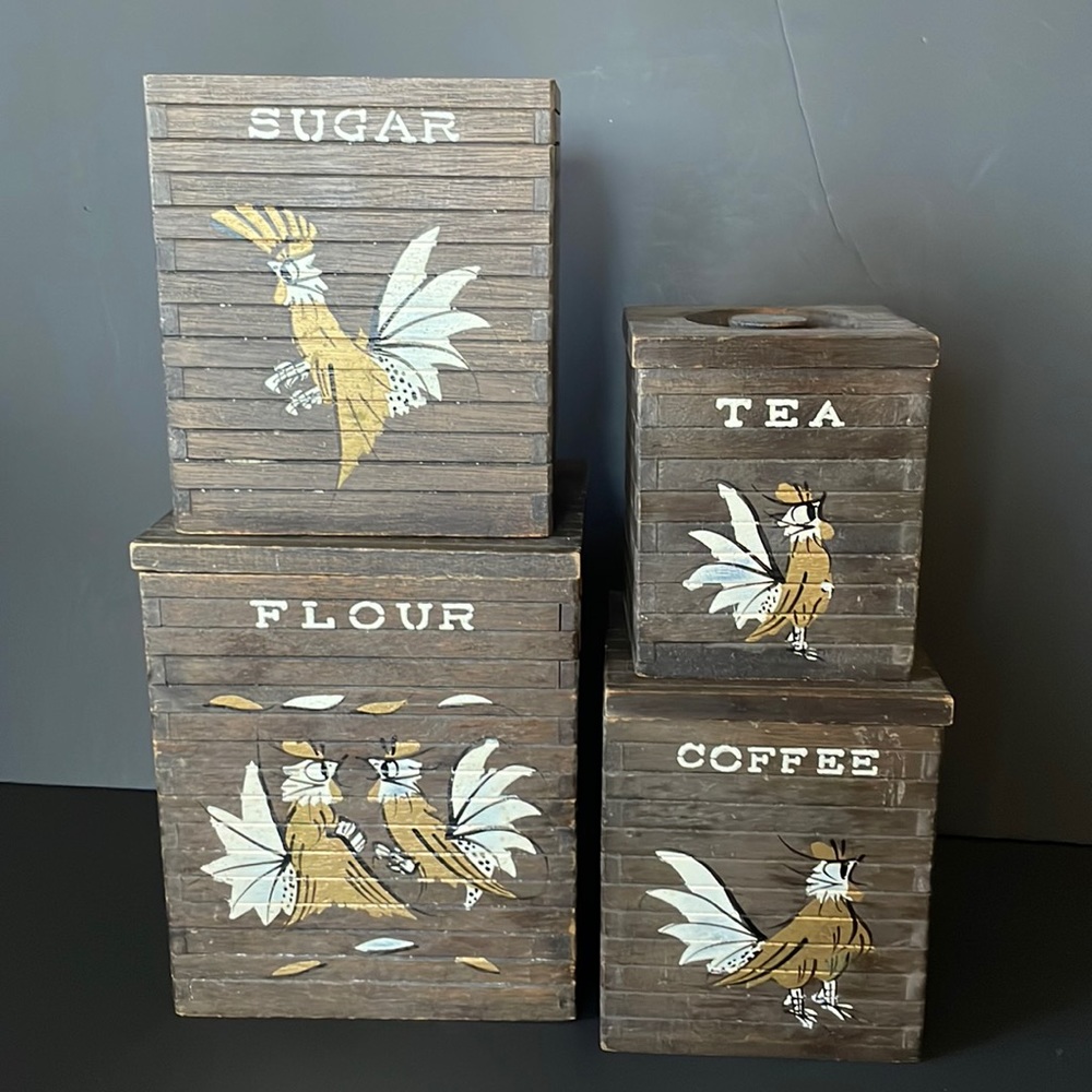 Giftcraft Wood Canister Set Hand Painted Rooster Bird Cabin Decor Kitchenware